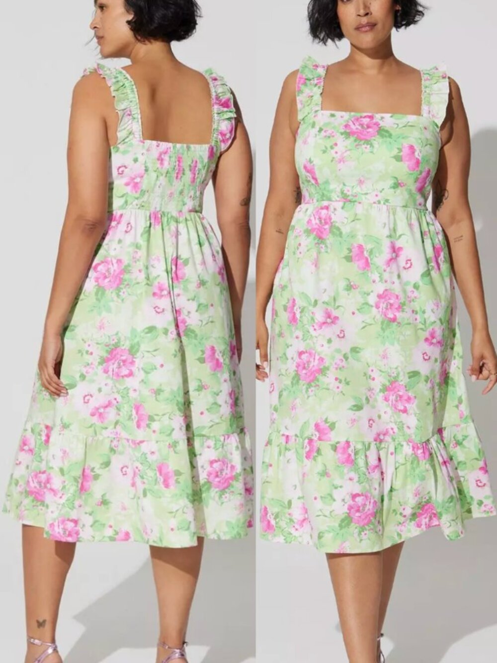 TORRID 4 Plus Size Poplin Tiered Ruffle Strap Dress Green Floral Cotton Midi 4X